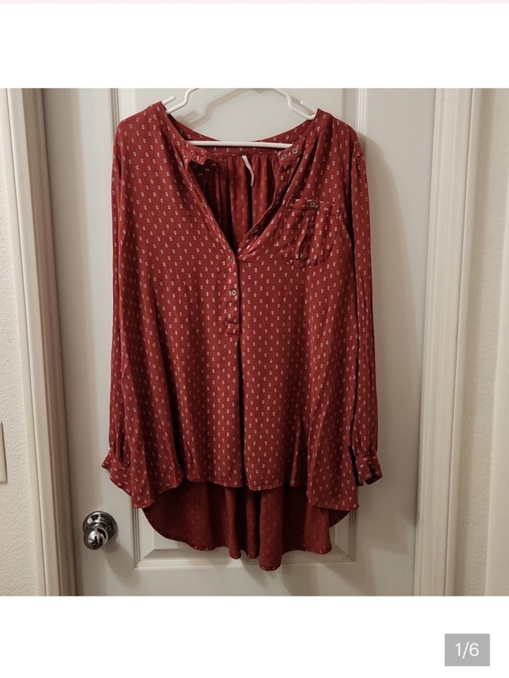 Free People Rust Red Printed Long Sleeve Button Tunic with pocket